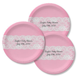 Plato De Papel Rosa con Baby Shower de encaje