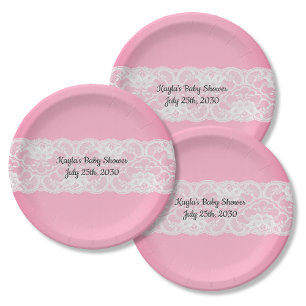 Plato De Papel Rosa con Baby Shower de encaje