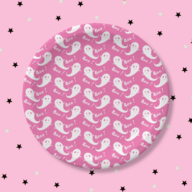 Plato de papel rosa con patrón de fantasma lindo e (Spooky Cute Ghost Pattern Pink Halloween Paper Plate .)