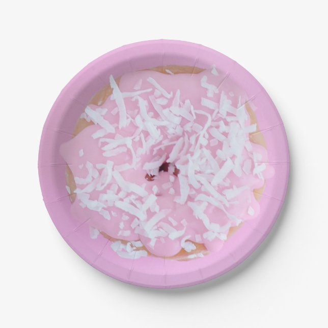 Plato de papel rosa con sprinkles y dona glaseada (Anverso)
