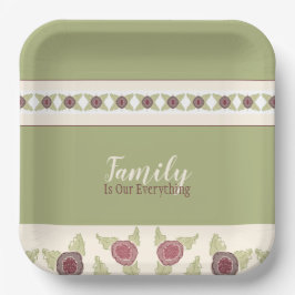 Plato De Papel Rosa Con Verde Y Pluma