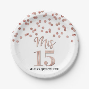 Plato De Papel Rosa Confetti Oro Mis 15 Quinceanera