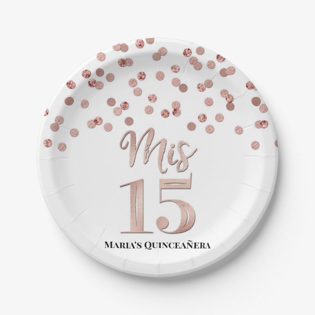 Plato De Papel Rosa Confetti Oro Mis 15 Quinceanera (Anverso)