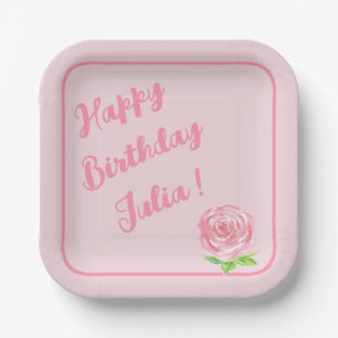 Plato De Papel Rosa de acuarela pintado a mano FELIZ CUMPLEAÑOS