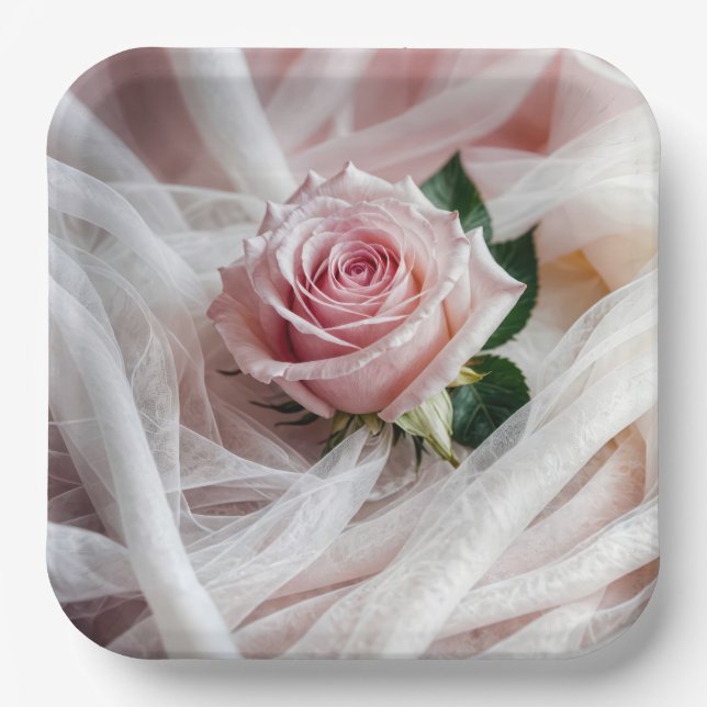 Plato De Papel Rosa de boda rosa sobre tul (Anverso)