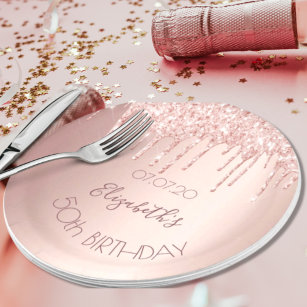 Plato De Papel Rosa de cumpleaños purpurina de oro gotea glamour 