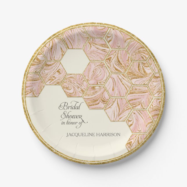 Plato De Papel Rosa de ducha de novia Purpurina de oro Marble Hex (Anverso)