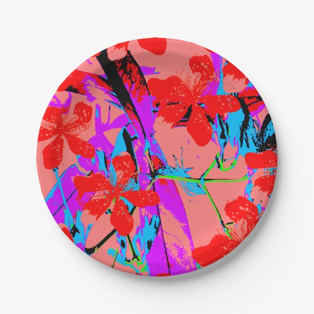 Plato De Papel rosa de flor retro (Anverso)