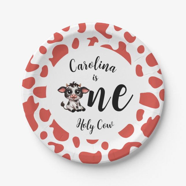 Plato De Papel Rosa de la Vaca Santa Primer cumpleaños (Anverso)