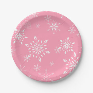 Plato De Papel Rosa de los copos de nieve