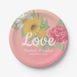 Plato De Papel Rosa de Moda de ducha de boda Flores Purpurina de 