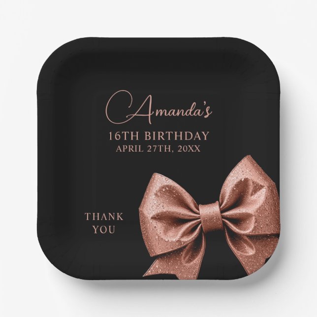 Plato De Papel Rosa de moda Purpurina de oro Bow Sweet 16 Cumplea (Anverso)