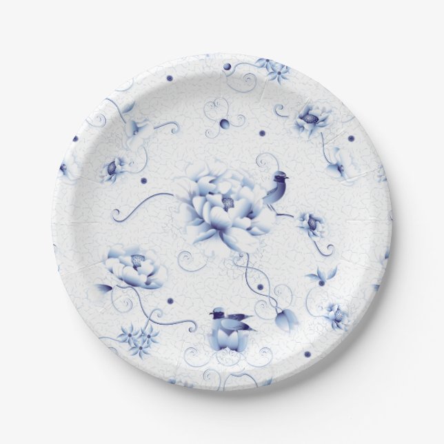 Plato De Papel Rosa de pájaro azul Chinoiserie Floral (Anverso)
