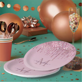 Plato De Papel Rosa De Perforaciones Purpurinas Monograma Y Nombr