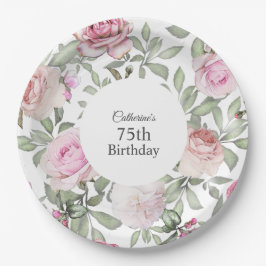 Plato De Papel Rosa de verano femenino Garden Floral 75º cumpleañ