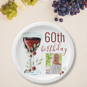 Plato De Papel Rosa de vino rojo acuarela foto 60 cumpleaños
