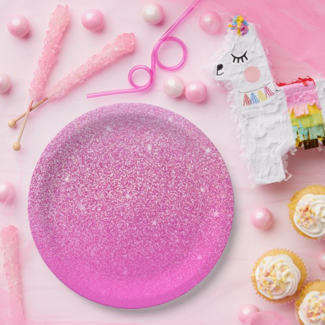 Plato De Papel Rosa degradado purpurina (Fiesta)