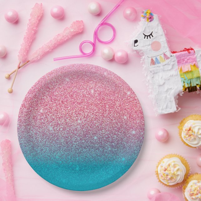 Plato De Papel Rosa degradado purpurina (Fiesta)