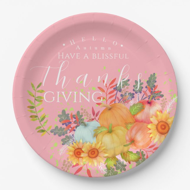 Plato De Papel Rosa del Día de Acción de Gracias de Otoño (Anverso)