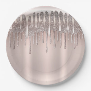 Plato De Papel Rosa Dorado Helado con Brillo de Diamante Goteo Du