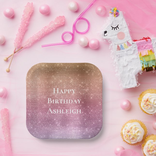 Plato De Papel Rosa Dorado Pink Purple Sparkle Cumpleaños (Fiesta)