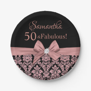 Plato De Papel Rosa dorado purpurina negro damasco arco 50 cumple