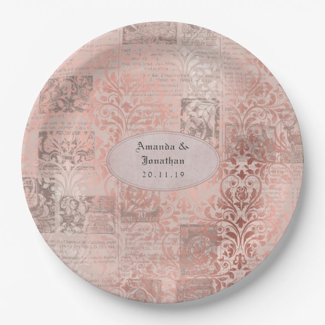 Plato De Papel Rosa Dorado Shabby-Chic Damask Boda (Anverso)