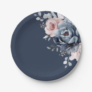 Plato De Papel Rosa Duste Blue Mauve Boda Floral de pizarra rosa