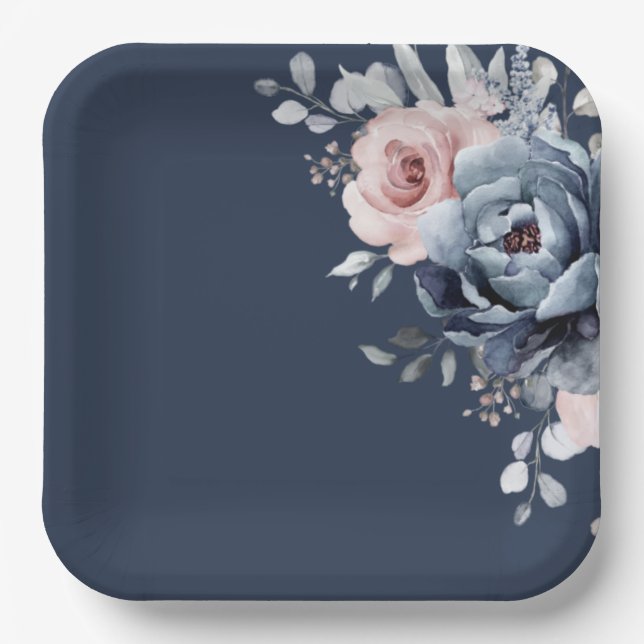 Plato De Papel Rosa Duste Blue Mauve Boda Floral de pizarra rosa  (Anverso)