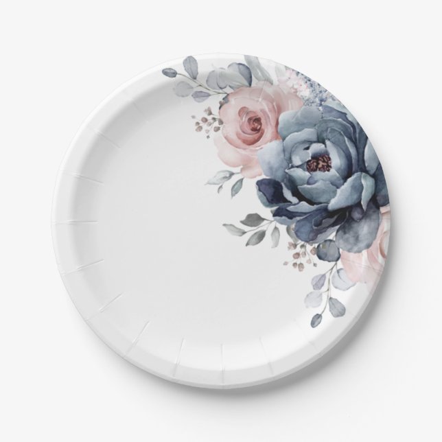 Plato De Papel Rosa Dusty Blue Mauve Boda Floral de pizarra rosa (Anverso)
