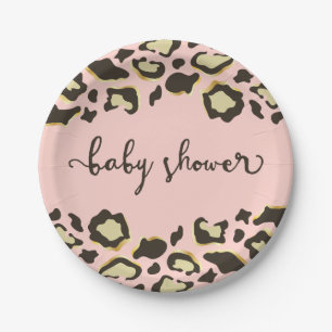 Plato De Papel Rosa el   Baby Shower del estampado leopardo el
