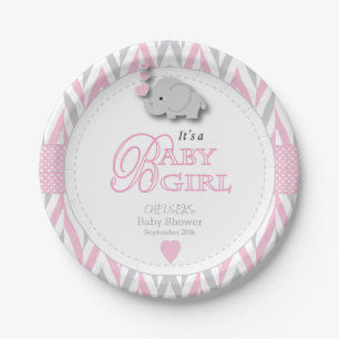 Plato De Papel Rosa, elefante gris blanco Baby Shower 2