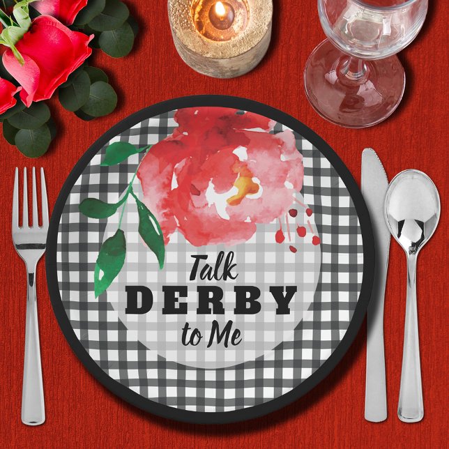 Plato De Papel Rosa en Black and White Talk Derby (Talk Derby to Me Rose on Black and White Gingham Paper Plates)