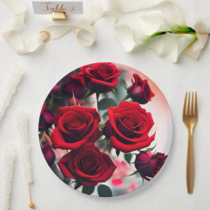 Plato De Papel "Rosa Escarlata en Flor: Un Ramillete de Pasión"