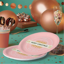 Plato de papel rosa Feliz Navidad, Feliz Año Nuevo