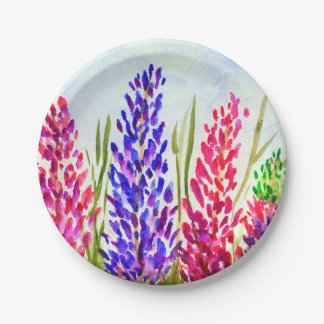Plato De Papel Rosa floral de los Wildflowers del Lupine del arte