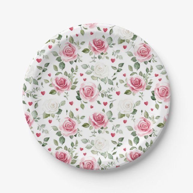 Plato De Papel Rosa Floral Hearts Bridal Shower