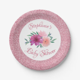 Plato De Papel Rosa floral rosa Purpurina de oro Baby Shower