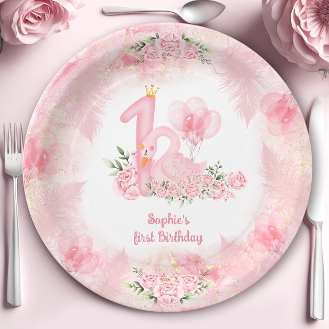 Plato De Papel Rosa floral suave de cisne Chica blanco rosado Pri (Swan Soft Floral Rose Pink White Girl 1st Birthday Paper Plates)
