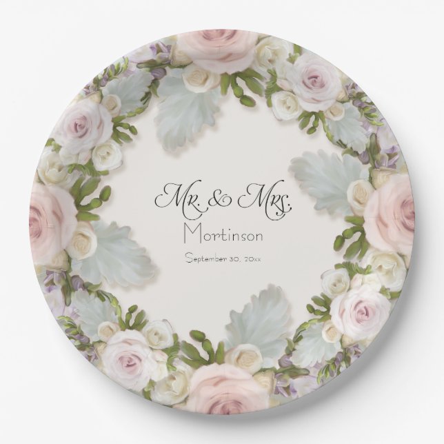 Plato De Papel Rosa Floral Succulent Foliage Sr. y Sra. Boda (Anverso)