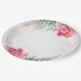 Plato De Papel Rosa Floral Verde Acuarela Boda