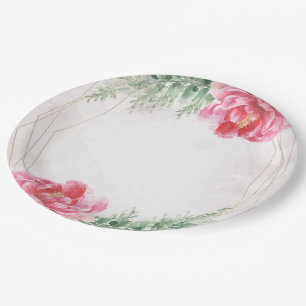 Plato De Papel Rosa Floral Verde Acuarela Boda