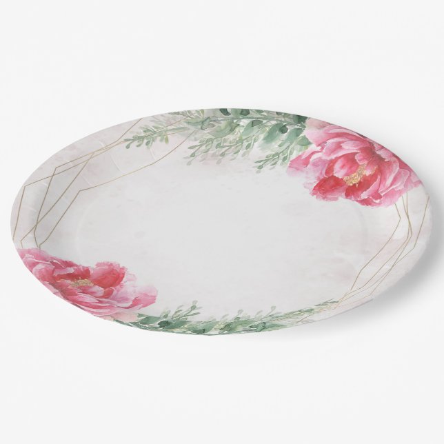 Plato De Papel Rosa Floral Verde Acuarela Boda (Angular)