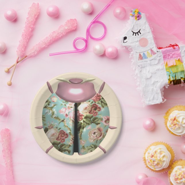 Plato De Papel Rosa floral victoriano chintz rosa azul (Fiesta)