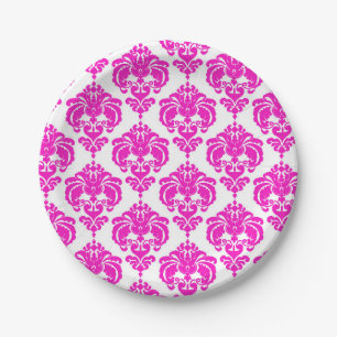 Plato De Papel Rosa Fucsia y Blanco Damask Chic Fiesta Elegante
