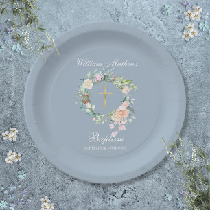 Plato De Papel Rosa Garland bautismo Christening Dusty Blue