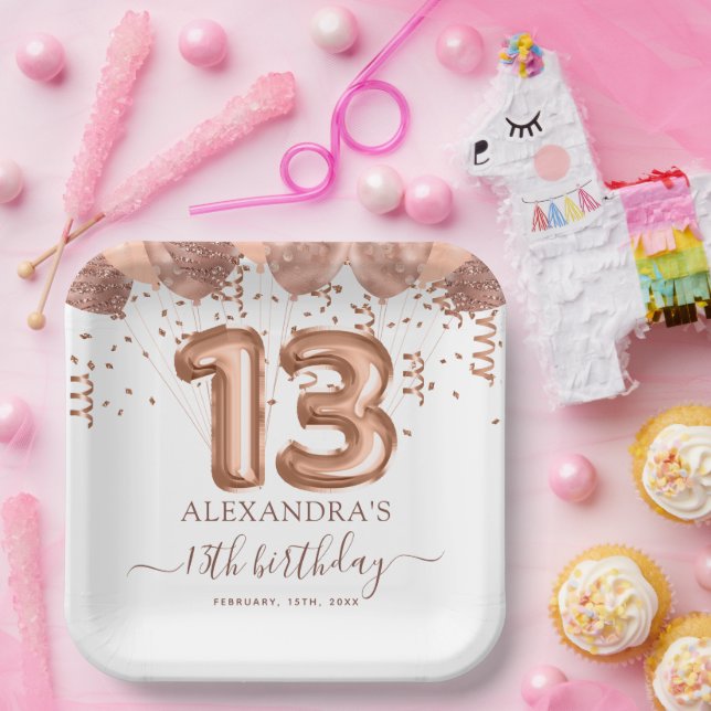 Plato De Papel Rosa Globos de Oro 13ª fiesta de cumpleaños (Fiesta)