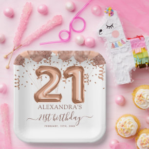 Plato De Papel Rosa Globos de Oro 21 Fiesta de cumpleaños