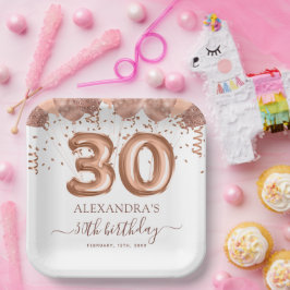 Plato De Papel Rosa Globos de Oro 30 Fiesta de cumpleaños