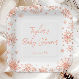 Plato De Papel Rosa Gold Snowflakes Baby Shower